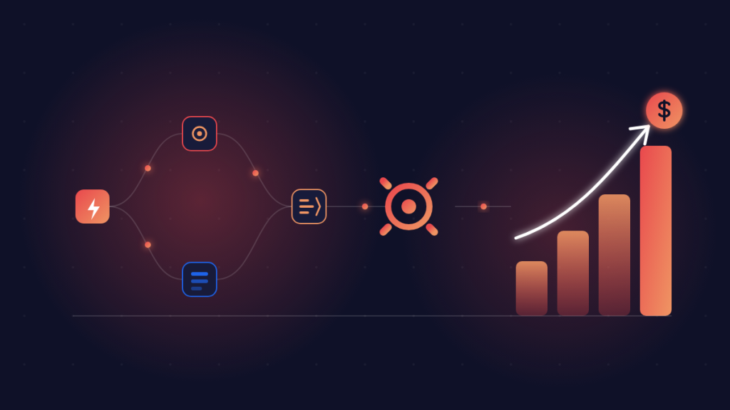 Vector illustration of an automation workflow feeding an engine that produces rising asset value