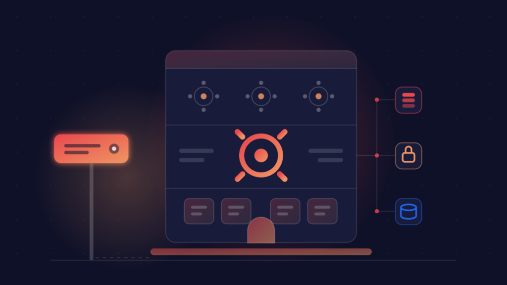 Diagram of how custom apps without code fit together: an app drawn as a building with a front-of-house floor, a kitchen back end, a pantry database, a hosting foundation and a domain street sign