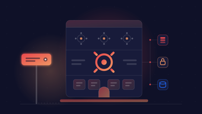 Diagram of how custom apps without code fit together: an app drawn as a building with a front-of-house floor, a kitchen back end, a pantry database, a hosting foundation and a domain street sign