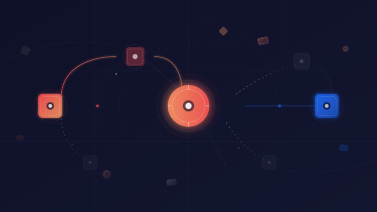 A series of connected nodes and flow lines where some connections glow solidly and others fade into dotted uncertain lines, with small abstract shapes representing tasks drifting a